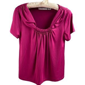Sag Harbor Stretch Ladies Blouse Top Petite Small Ruffled Neckline Dark Fuchsia